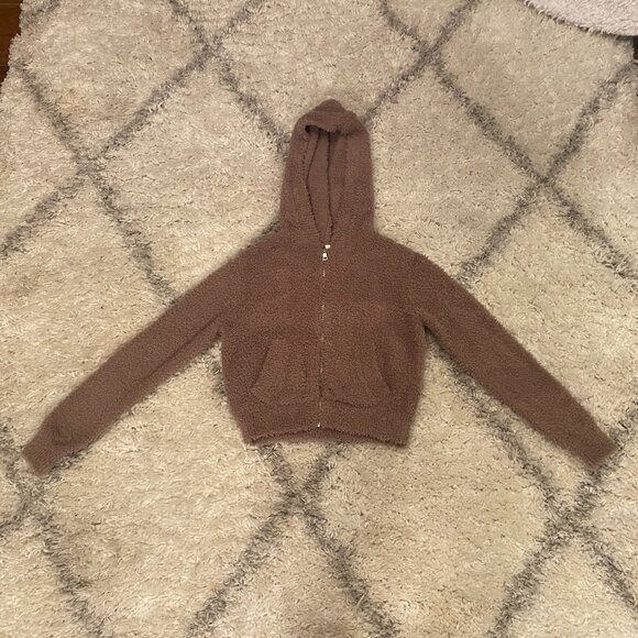 Aritza BABATON Retreat Fleece Crop Hoodie Knit Zip Up Teddy Jacket Mocha XS - Picture 1 of 6